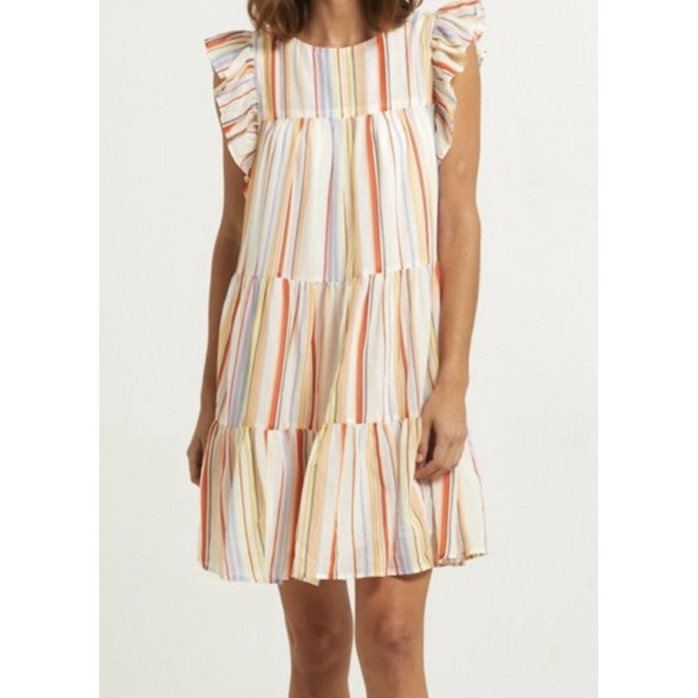 Marie Oliver Babydoll Dress XS Multi Stripe 100% Cotton Flutter Sleeve Tiered